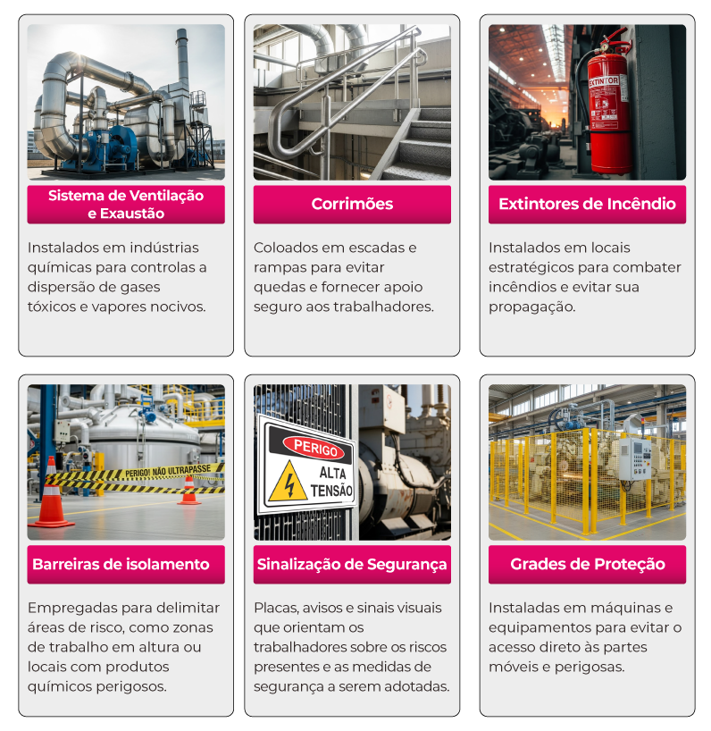 Equipamentos de Proteção Coletiva (EPCs) 1. Sistemas de ventilação e exaustão Instalados em indústrias químicas para controlar a dispersão de gases tóxicos e vapores nocivos 2.Corrimãos Colocados em escadas e rampas para evitar quedas e fornecer apoio seguro aos trabalhadores 3.Extintores de incêndio Instalados em locais estratégicos para combater incêndios e evitar sua propagação 4. Grades de proteção Instaladas em máquinas e equipamentos para evitar o acesso direto às partes móveis e perigosas 5. Barreiras de isolamento Empregadas para delimitar áreas de risco, como zonas de trabalho em altura ou locais com produtos químicos perigosos 6. Sinalização de segurança Placas, avisos e sinais visuais que orientam os trabalhadores sobre os riscos presentes e as medidas de segurança a serem adotadas.