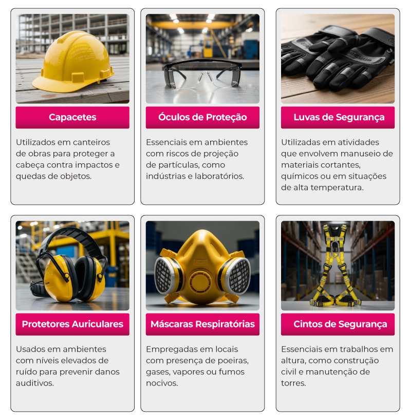 Capacetes Utilizados em canteiros de obras para proteger a cabeça contra impactos e quedas de objetos Óculos de proteção Essenciais em ambientes com riscos de projeção de partículas, como indústrias e laboratórios Luvas de segurança Utilizadas em atividades que envolvem manuseio de materiais cortantes, químicos ou em situações de alta temperatura Protetores auriculares Usados em ambientes com níveis elevados de ruído para prevenir danos auditivos Máscaras respiratórias Empregadas em locais com presença de poeiras, gases, vapores ou fumos nocivos Cintos de segurança Essenciais em trabalhos em altura, como construção civil e manutenção de torres
