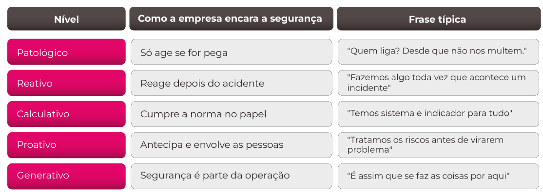 Os cinco níveis de cultura de segurança do método Hearts and Minds