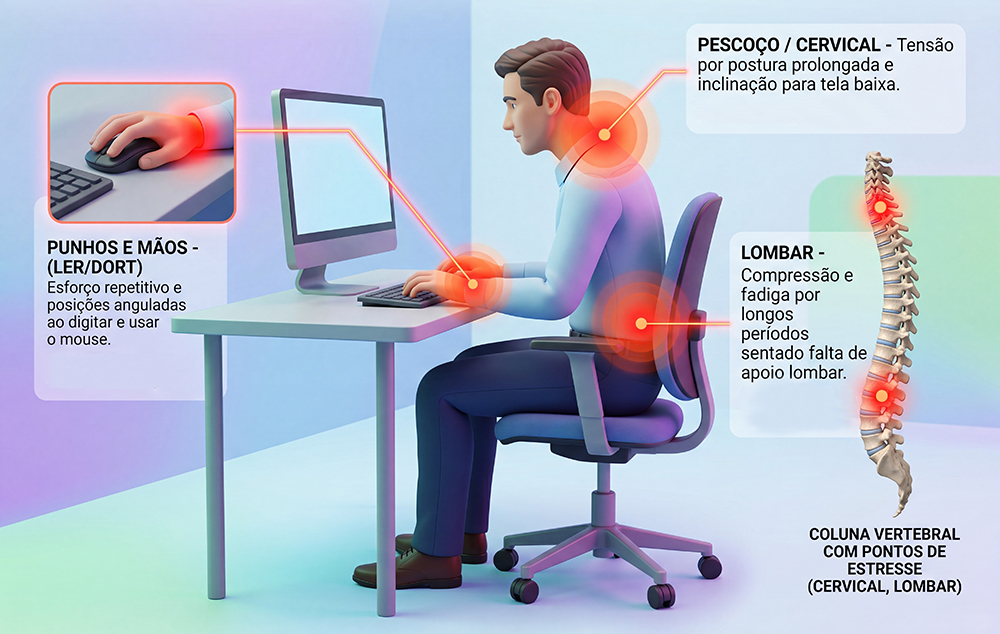 Pontos de LER e DORT causados por má ergonomia no trabalho remoto