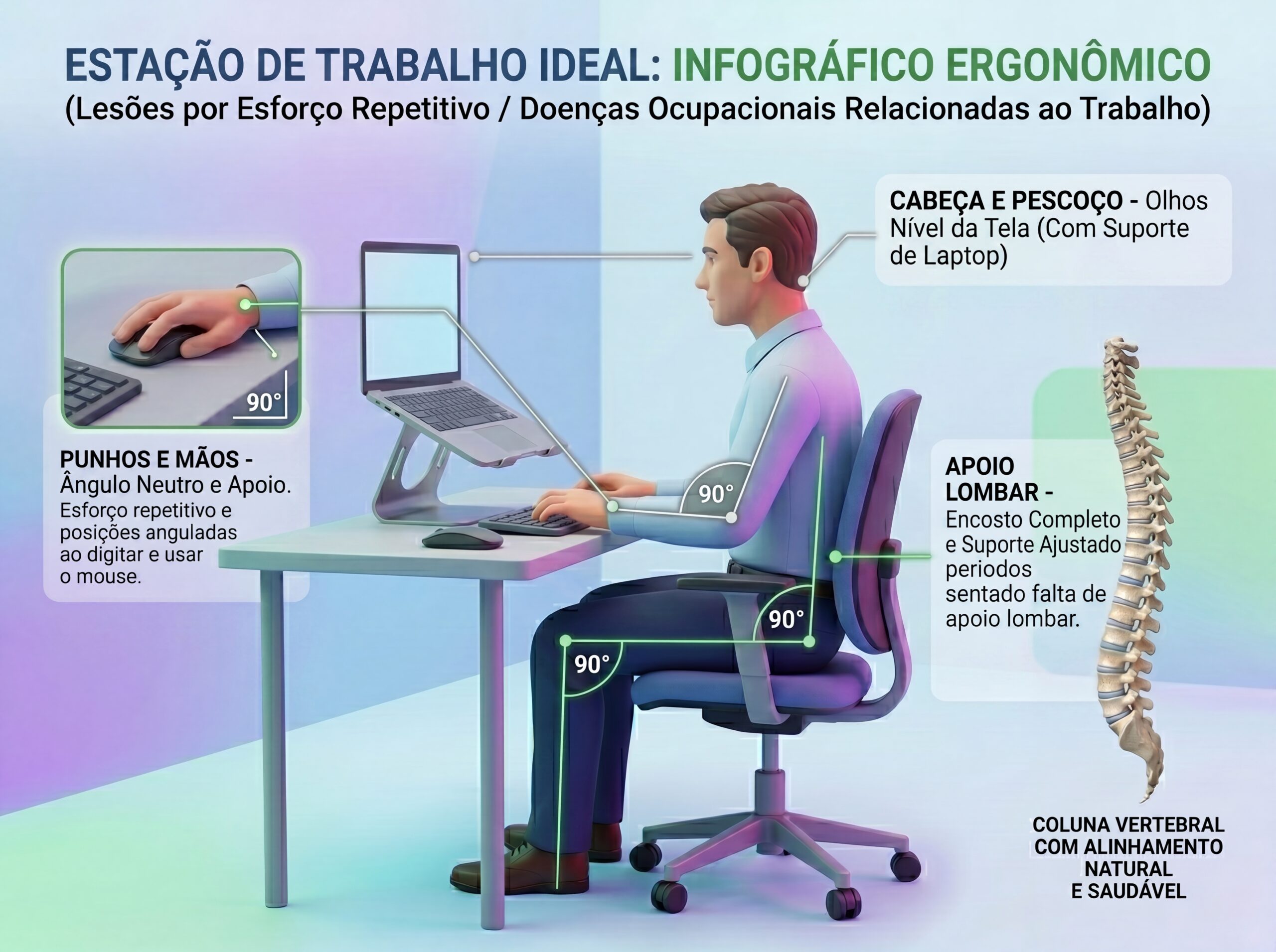 Estação de trabalho ergonômica em casa com cadeira regulada, suporte de notebook e apoio para os pés